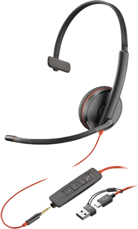 Poly Blackwire 3215 Mono -kuuloke + 3.5mm liitin + USB-C/A -adapteri